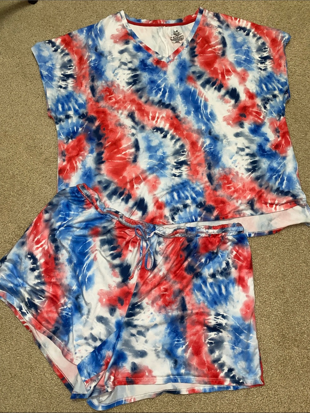 Secret Treasures Tie-Dye Lounge Shorts Set - Red, Blue & White